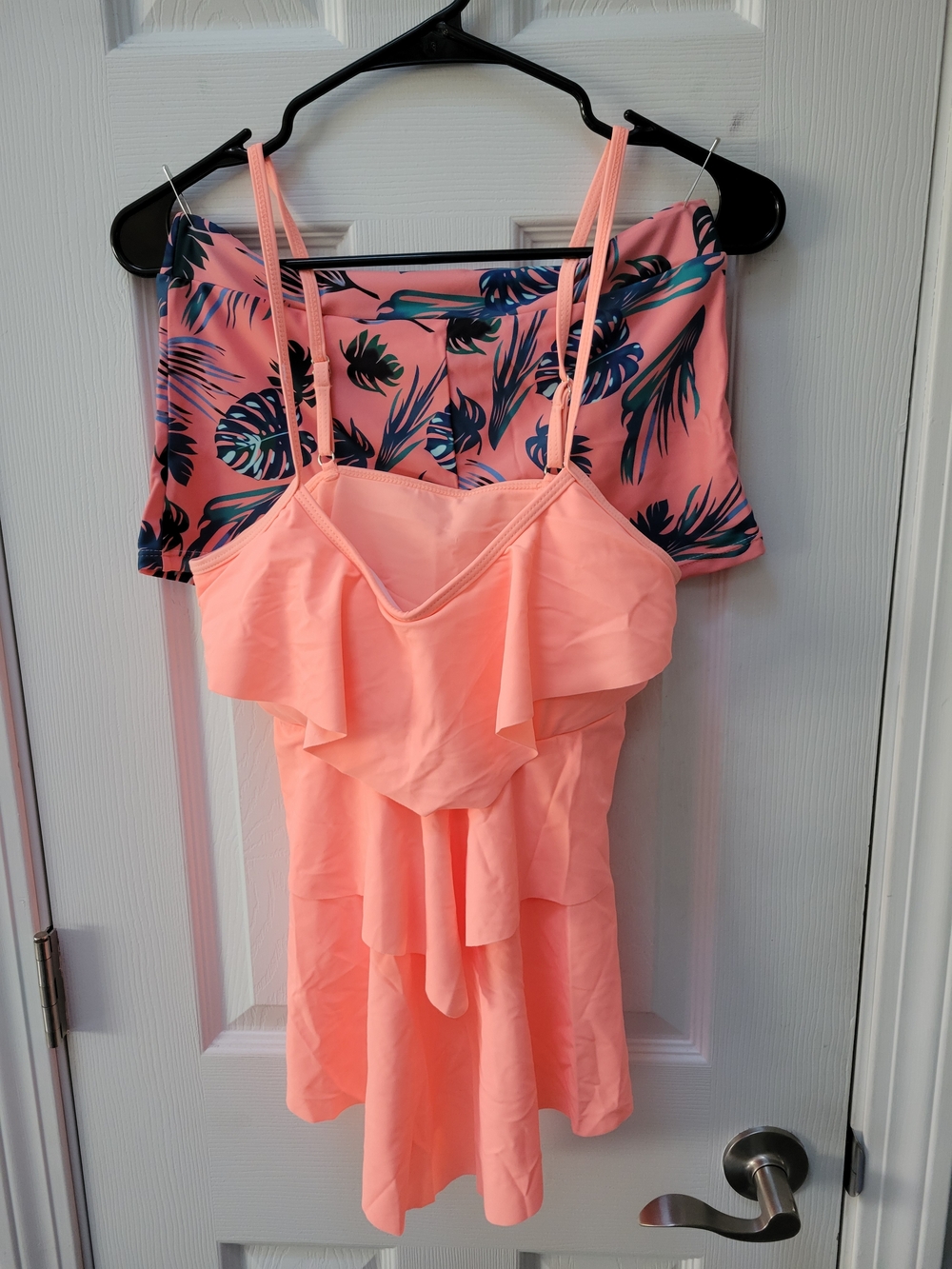 Peach Ruffle tankini with leaf printed shorts